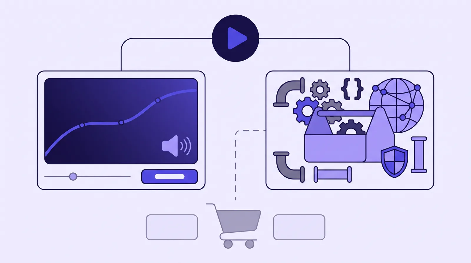 A video play forks to two panels: a Vidalytics sales-video player with a sound-on speaker, a per-second retention curve and a timed call-to-action button, and a Bunny Stream developer toolbox of loose gears, a code bracket, a network globe, unassembled pipes and a protection shield. A faded, disconnected cart and two blank tiles sit below both, joined to neither by a broken dashed line.