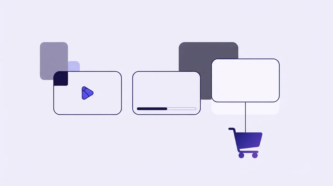 Three player windows: one with a small mark in the corner, one whose playback bar stops short of the end, and one linked by a line to a shopping cart.