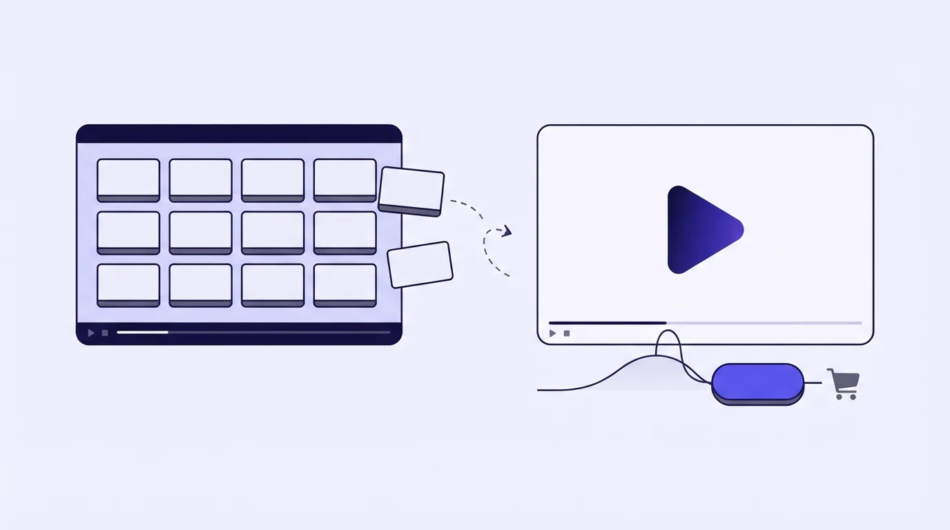 Two video players: one whose end screen is a grid of suggested-video tiles spilling off its edge, and a clean player linked by a retention curve to a button and a cart.
