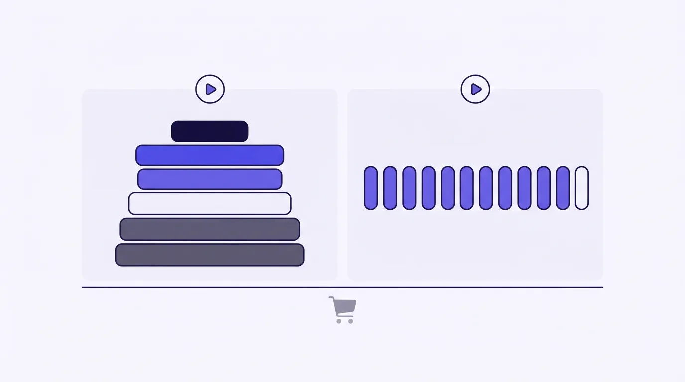 Two stacks side by side: uneven blocks on the left, a row of equal bars on the right, a play mark above each stack, and a faded cart centered underneath.