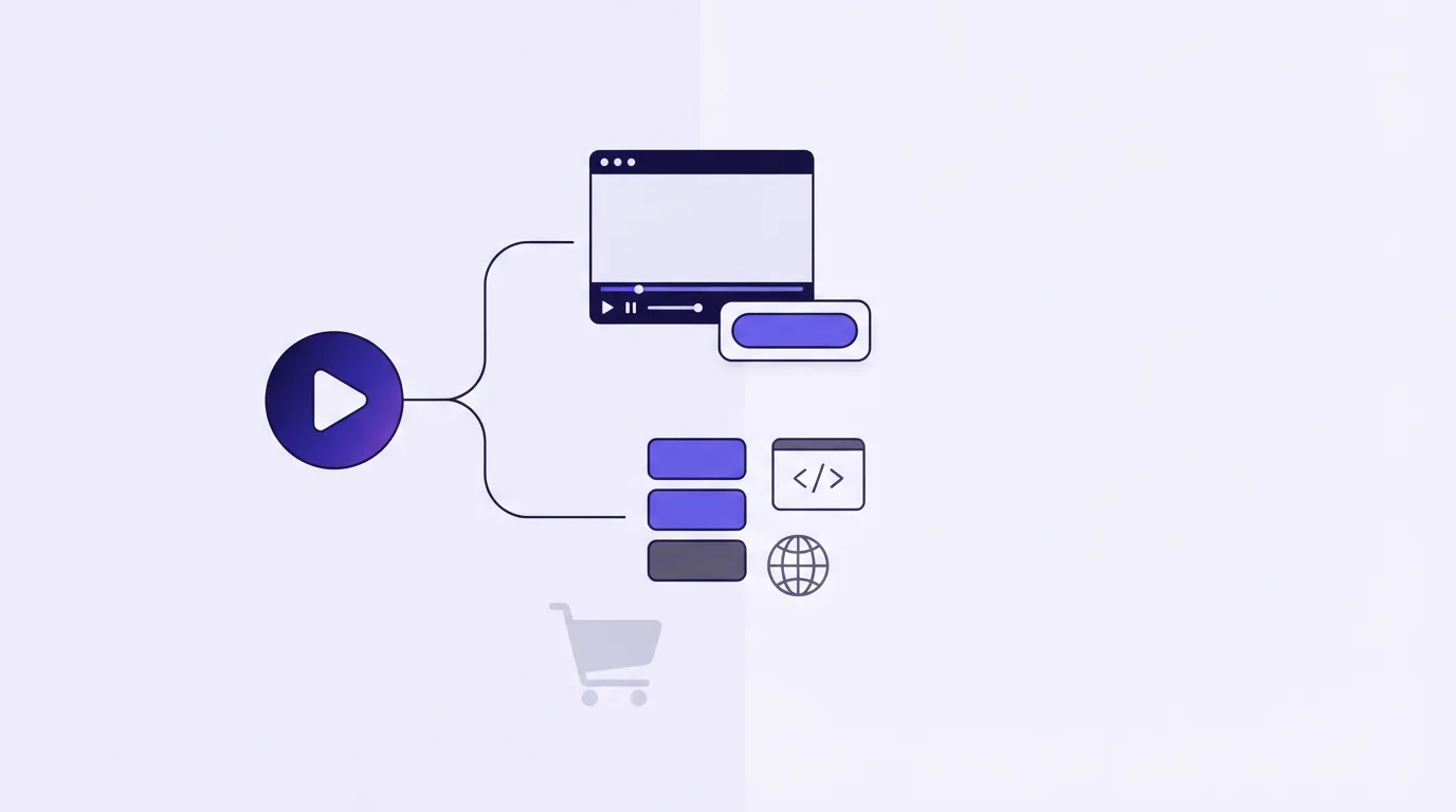A play button splits toward a video player with a small button card, and toward stacked blocks beside a code bracket and a globe. A faded cart sits below, joined to neither side.