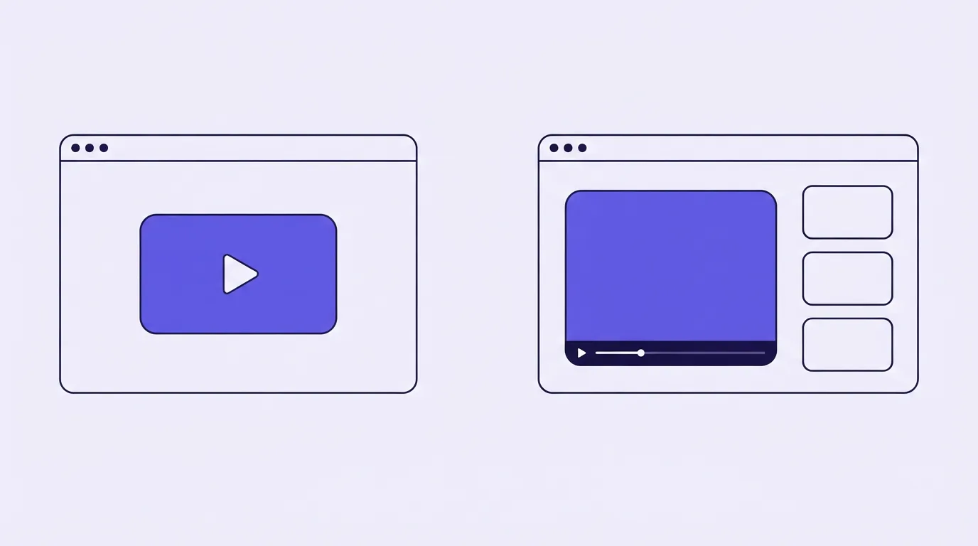 Two page frames side by side: the left holds a still rectangle with a play triangle, the right holds a full player with a control bar and three small file rectangles beside it.