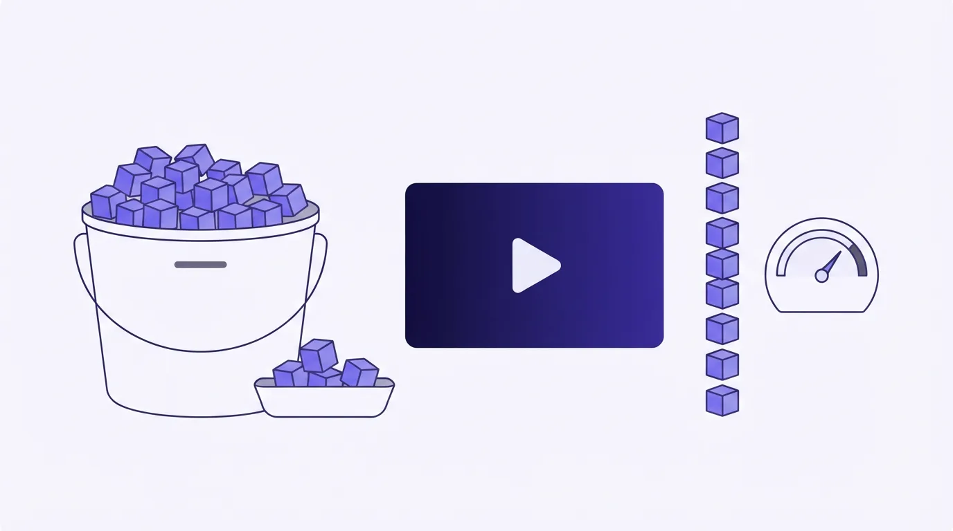 A bucket heaped with cubes, a few spilled into a tray beside it, a video player in the middle, and a single column of cubes next to a dial gauge.