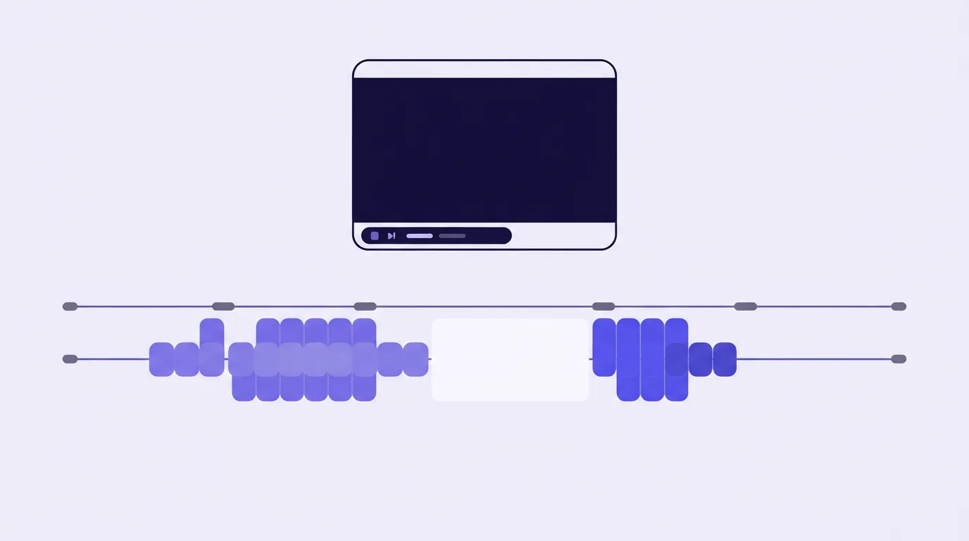 A player window above a timeline with a dense violet cluster, a gap, and a brighter indigo cluster.