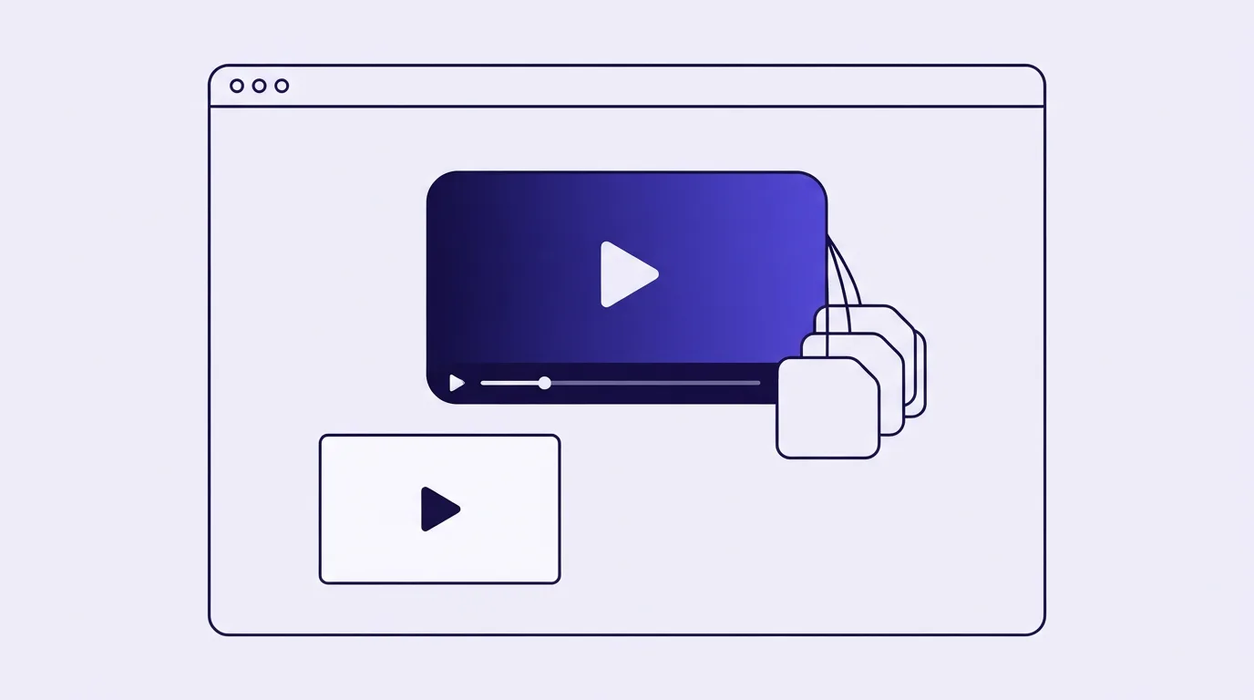 A browser window with a large video player, three small script rectangles hanging off its side, and a separate still thumbnail with only a play triangle.