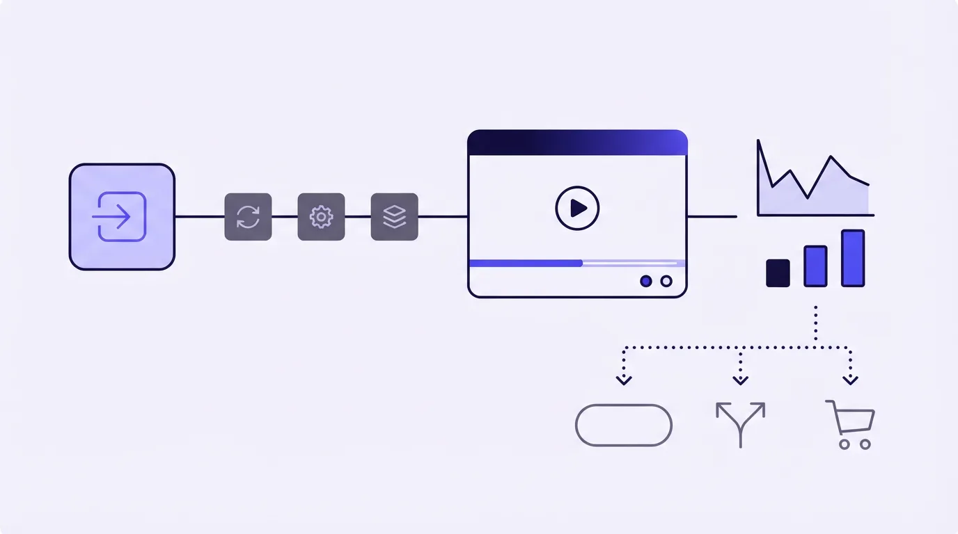 A video API pipeline feeds a player and analytics panel, while a separate empty branch waits for conversion tools.