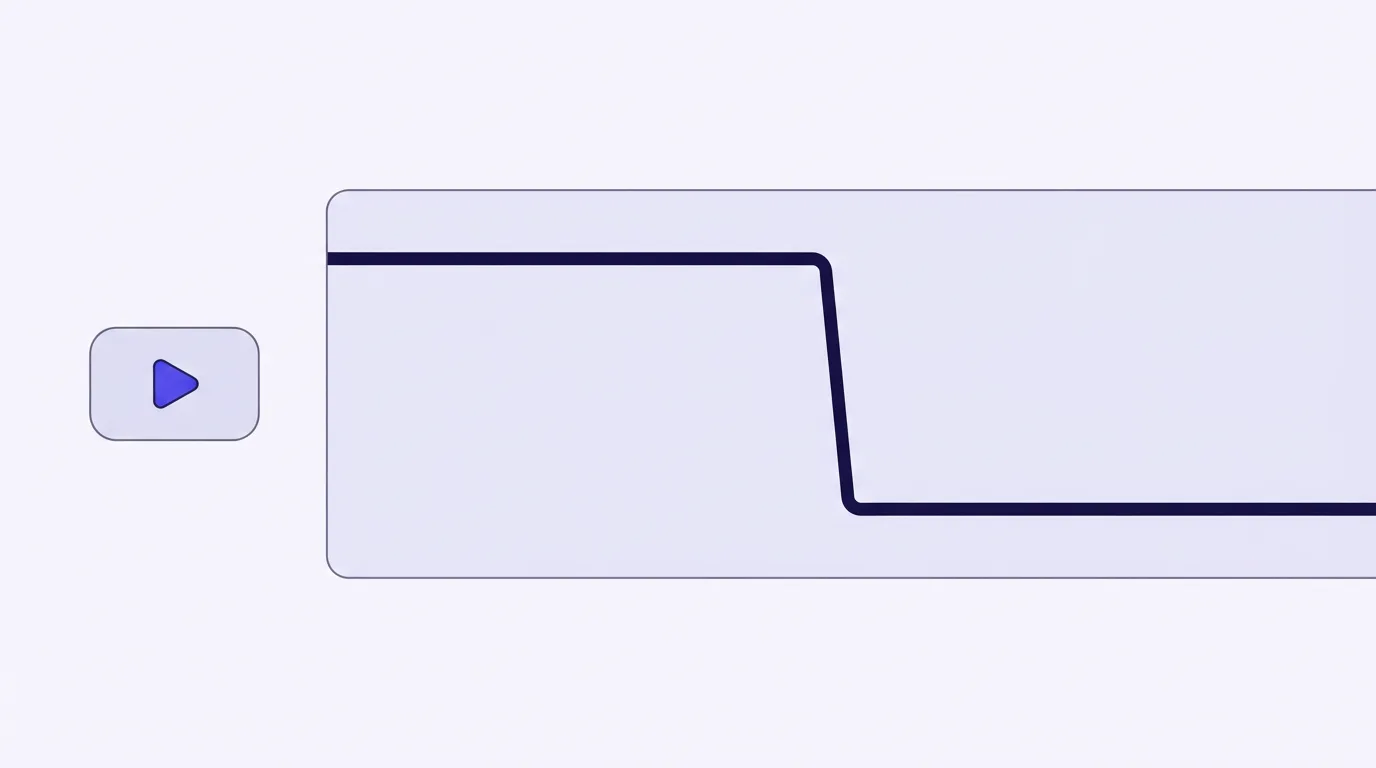 A pale panel with a thick indigo curve that stays high, then drops sharply, beside a rounded play button.