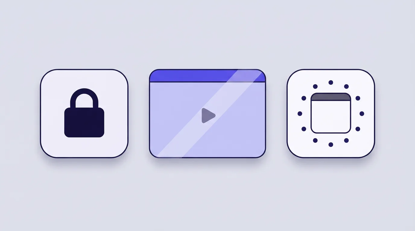 Three pale tiles in a row: an indigo padlock, a video frame with a diagonal band across it, and a small window ringed by dots.