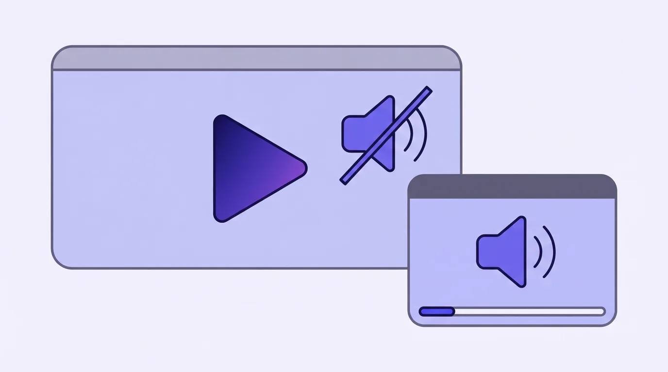 A large video player with a muted speaker, and a smaller player beside it whose sound is on and whose progress bar sits at the start.