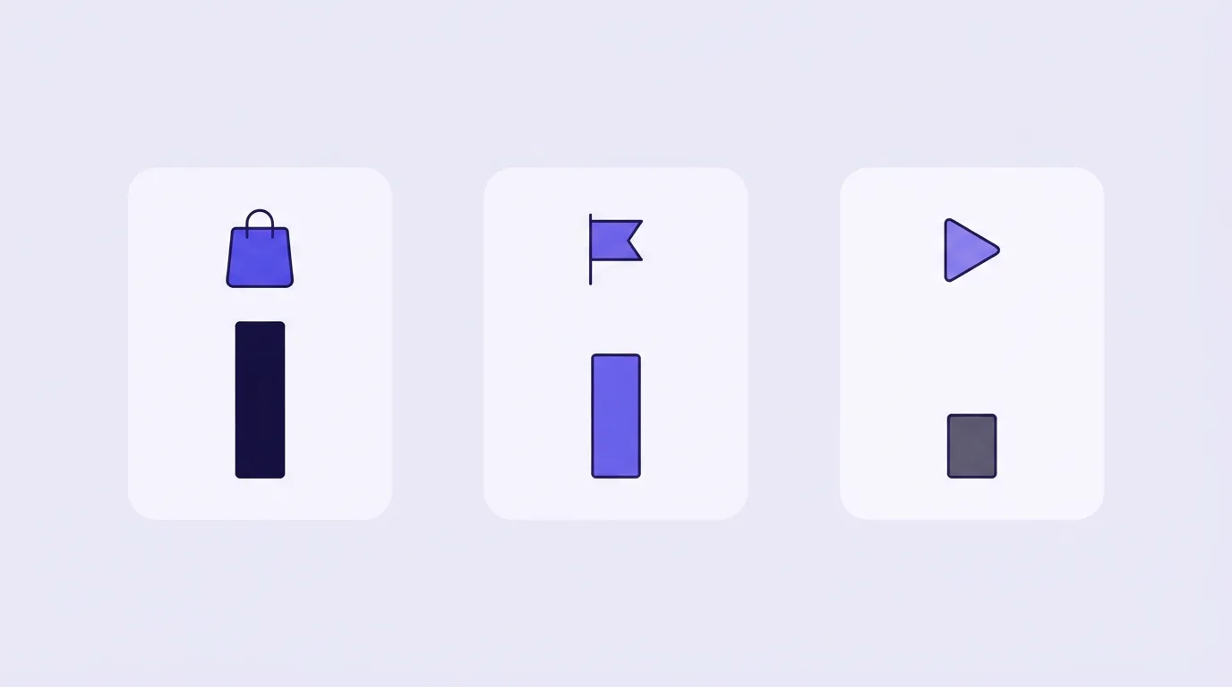 Three cards in a row: a shopping bag with a tall bar, a flag with a medium bar, and a play triangle with a short bar.