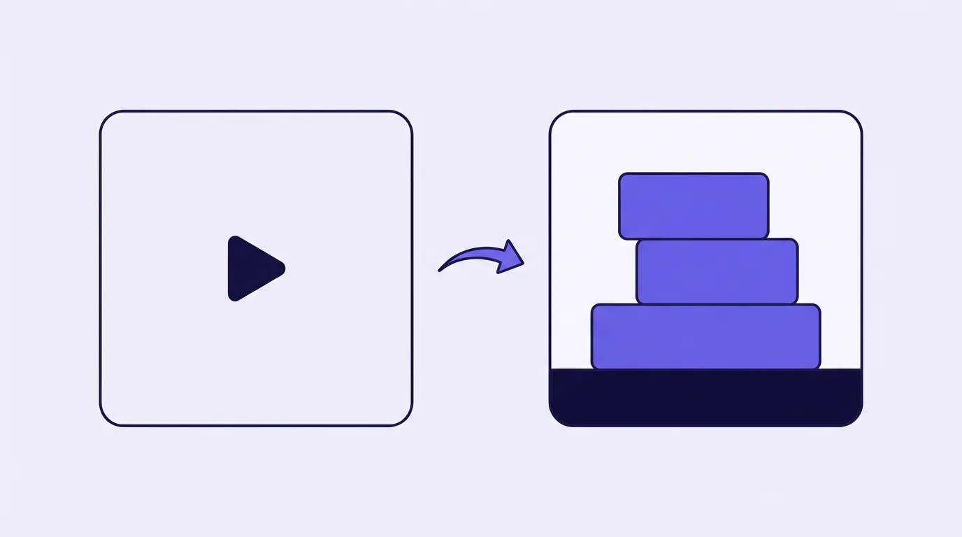 Two matching frames: a pale poster with a play triangle on the left, and a darker player with a stack of blocks on the right, joined by a curved arrow.