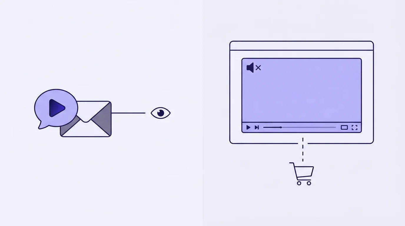 Left, a small video bubble on an envelope with a line to an eye symbol. Right, a large muted video player on a page, with a dashed line down to a shopping cart.