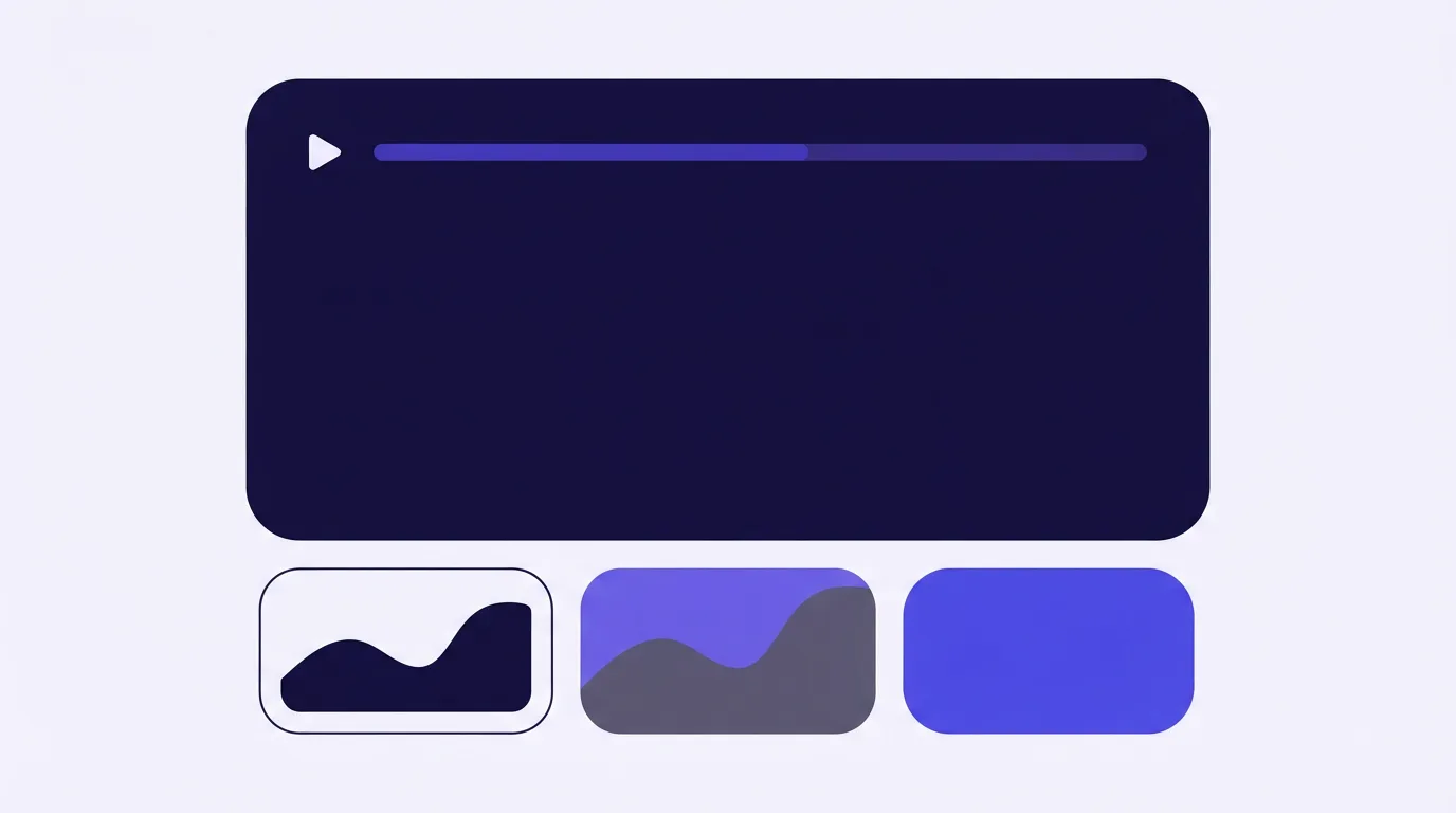 A video player filling the frame, with a progress bar, three small cards under it, and a button in place of the last card.