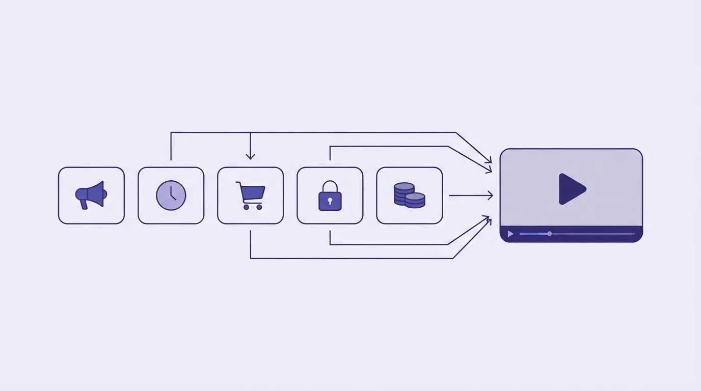 Five rounded cards in a row, with a megaphone, a clock, a shopping cart, a padlock and a stack of coins, and arrows into a larger player window.