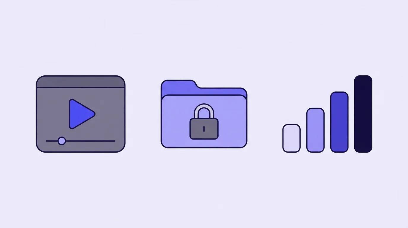 Three groups of shapes: a player window with a play triangle, a folder closed by a padlock, and four bars rising like a usage meter.