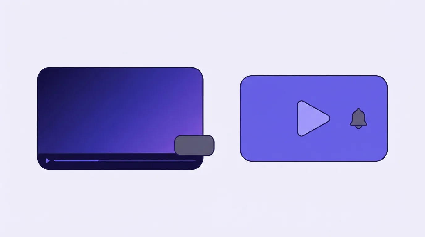 A wide player window with a small button card, beside a narrower message card with a play triangle and a bell.