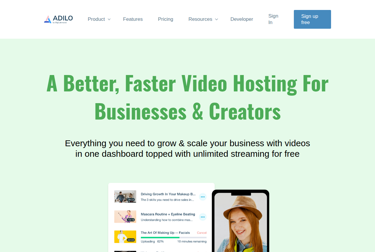 Adilo home page, headlined 'A Better, Faster Video Hosting For Businesses & Creators', with unlimited streaming on the free plan.
