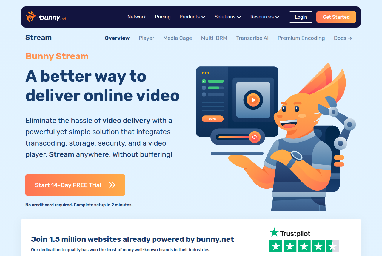 Bunny Stream home page, headlined 'A better way to deliver online video', the video delivery product from bunny.net.