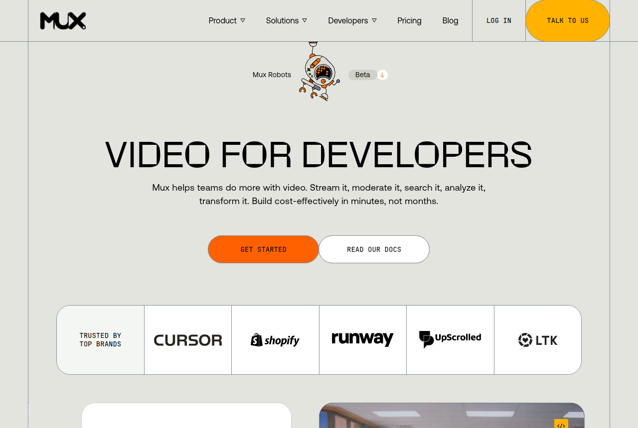 Mux homepage headed “Video for developers,” with navigation to its product, solutions, developer docs and pricing.