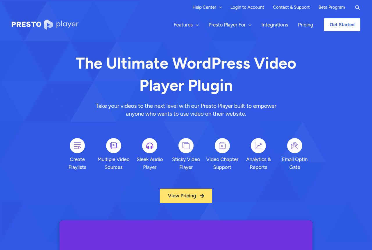 Presto Player homepage headed “The Ultimate WordPress Video Player Plugin,” with links to features, integrations and pricing.