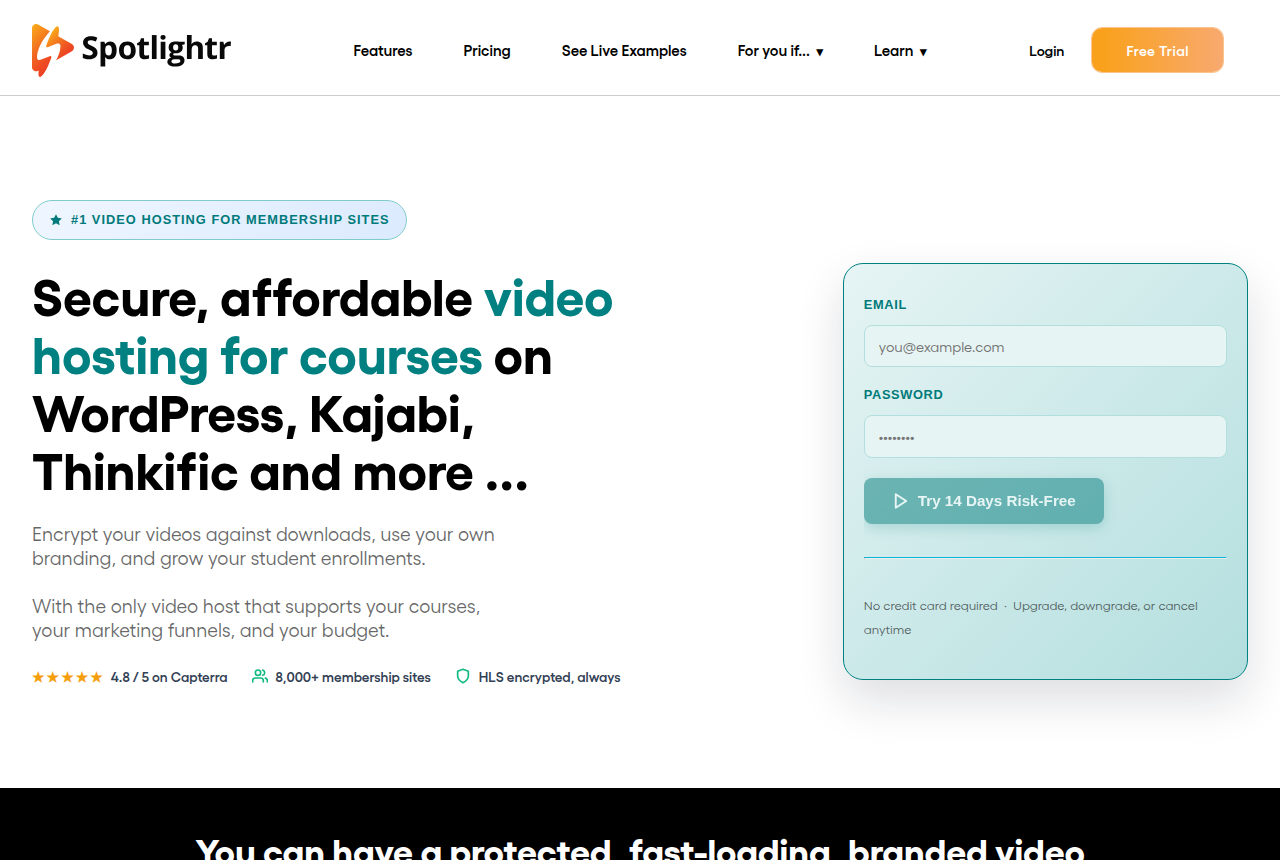 Spotlightr homepage headed “Secure, affordable video hosting for courses on WordPress, Kajabi, Thinkific and more”, with a trial sign-up form and badges for 4.8/5 on Capterra, 8,000+ membership sites and HLS encrypted, always.