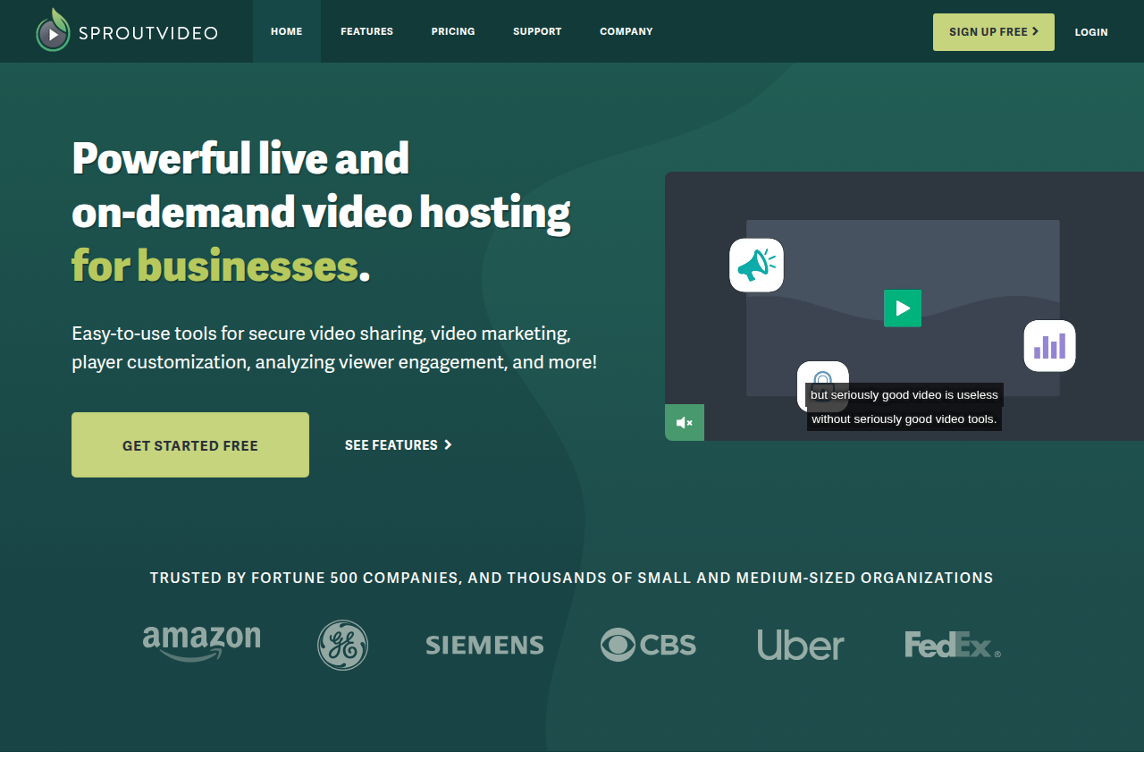 SproutVideo homepage headed “Powerful live and on-demand video hosting for businesses”, with a Get Started Free button, a player illustration and a row of customer logos including Amazon, Siemens and FedEx.