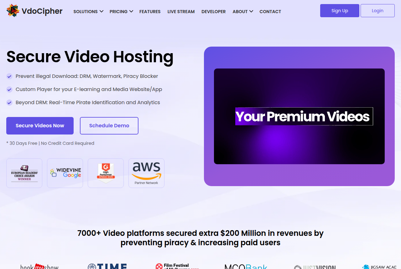 VdoCipher homepage headed “Secure Video Hosting,” listing DRM, watermark and piracy blocker, with a note of 30 days free and no credit card required.