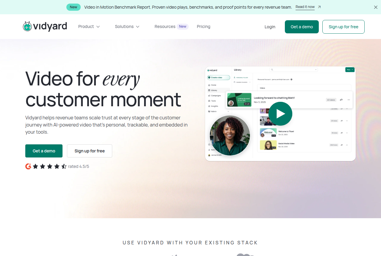 Vidyard homepage headed “Video for every customer moment,” with a library of recorded sales videos, a rep's video bubble and Get a demo and Sign up for free buttons.