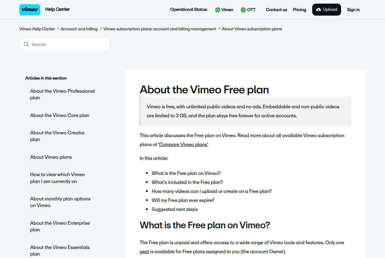 Vimeo Help Center article titled About the Vimeo Free plan, with a summary that embeddable and non-public videos are limited to 3 GB, and a sidebar of other plan articles.
