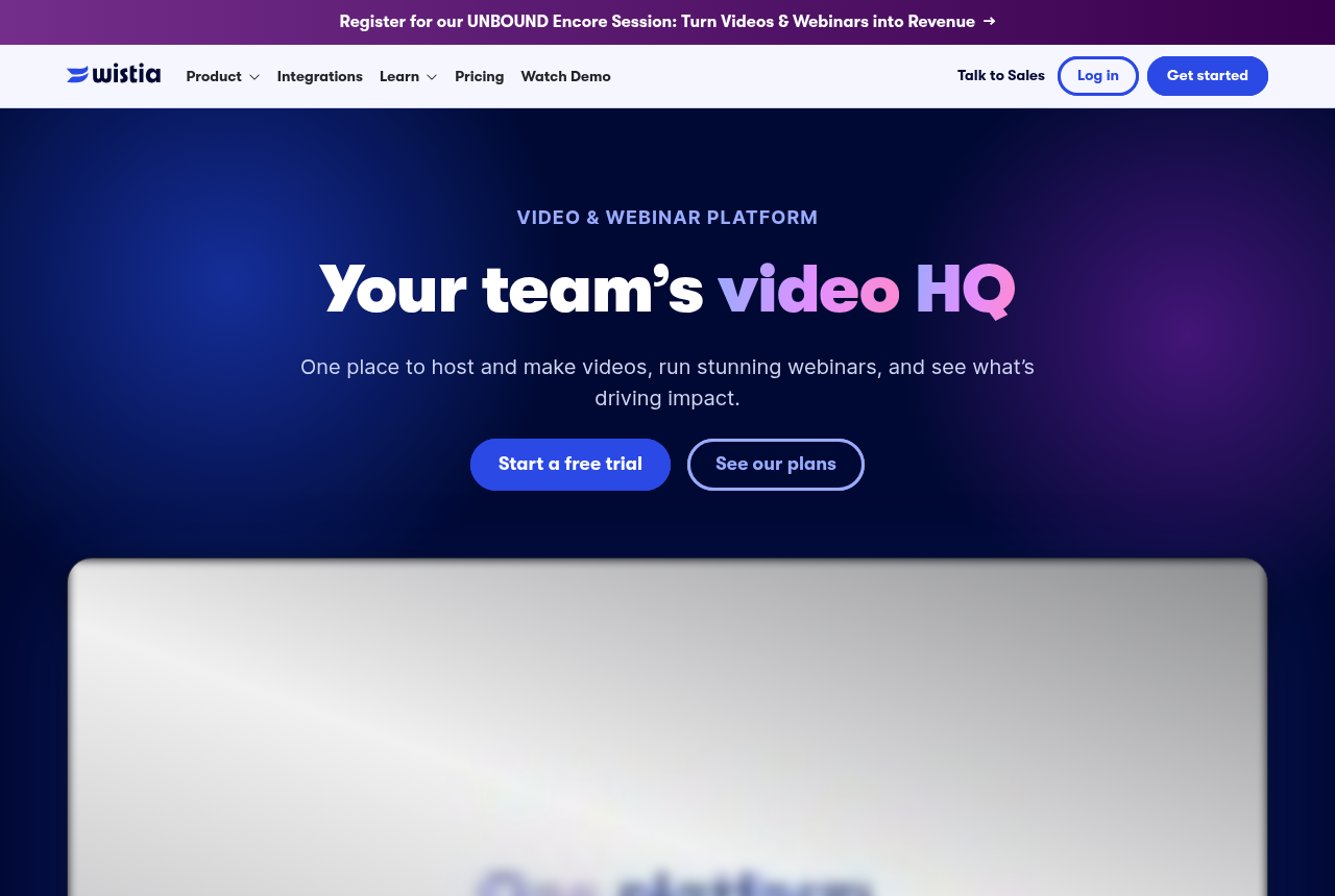 Wistia home page for its business video hosting and marketing platform.