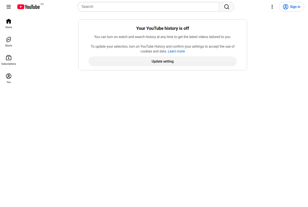YouTube home page with its sidebar, search bar and a notice that watch history is off.